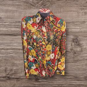 Alice & Olivia Silk Blend Boho Floral Metallic Button Up Collared Top Size XS